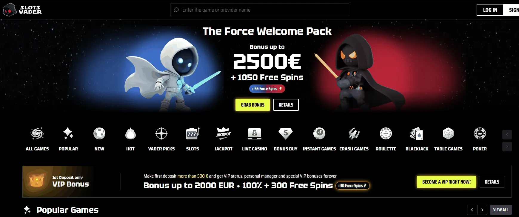 SlotsVader casino homepage