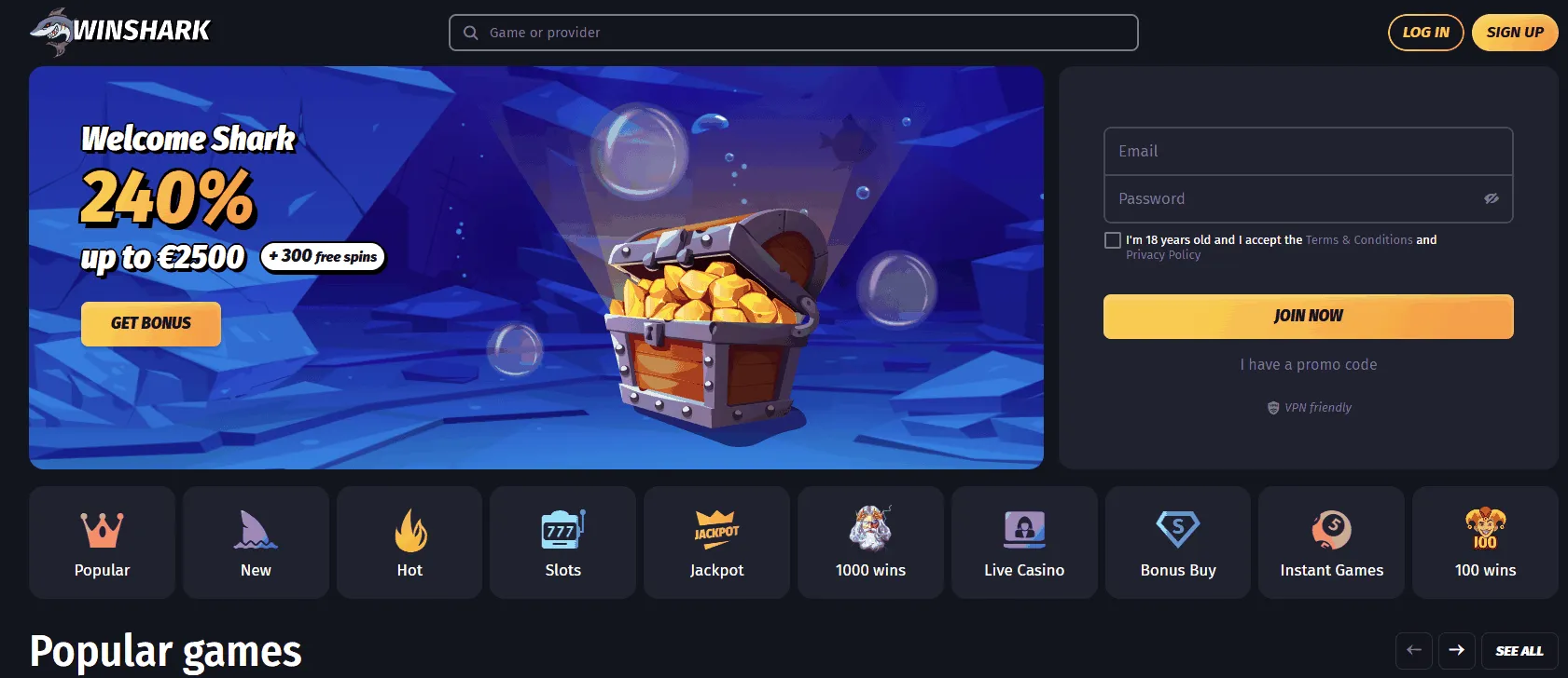 Winshark casino homepage