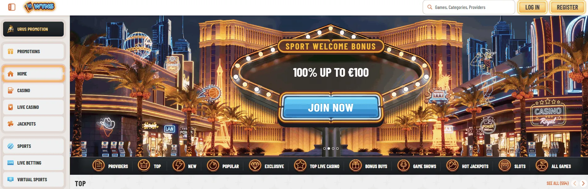 Wyns casino homepage
